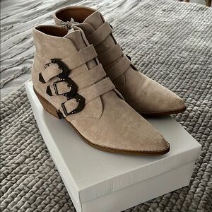 Beige Suede Ankle Boots with Buckle Detail